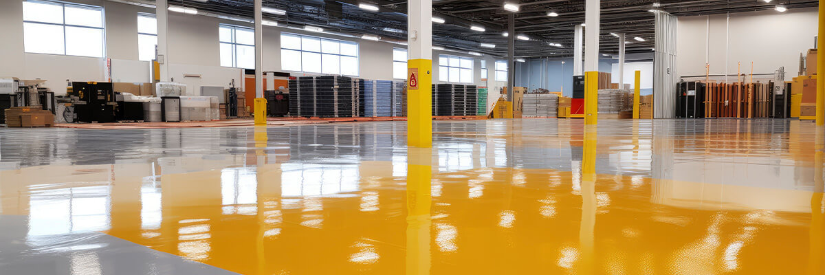 Epoxy flooring in warehouse with industrial equipment.